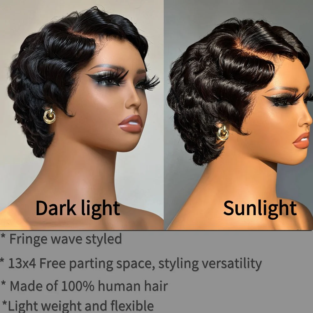 Short Pixie Cut Finger Wave Human Hair 13x4 Lace Front Wig