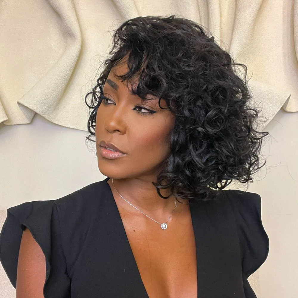 Glueless Natural Balck Short Curly Wig With Bangs