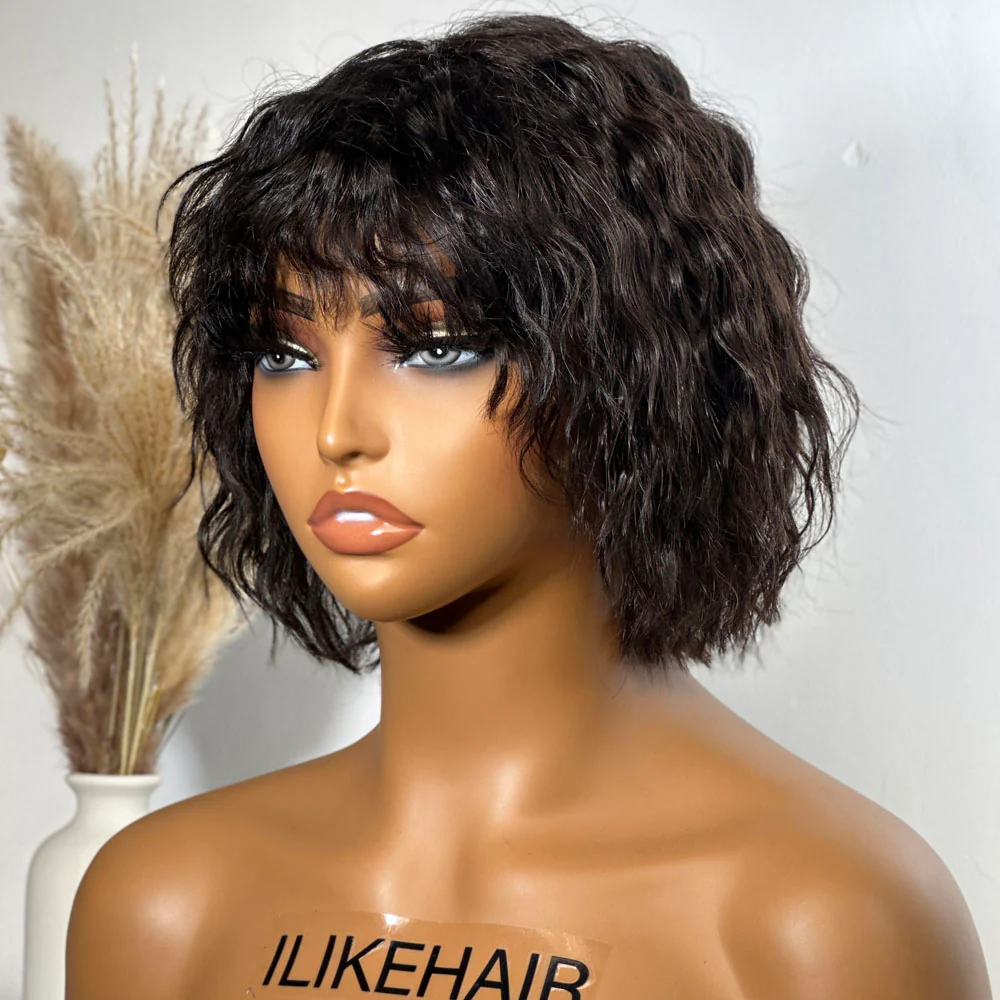 Wolf Cut Short Wavy Bob Glueless Wig With Bang