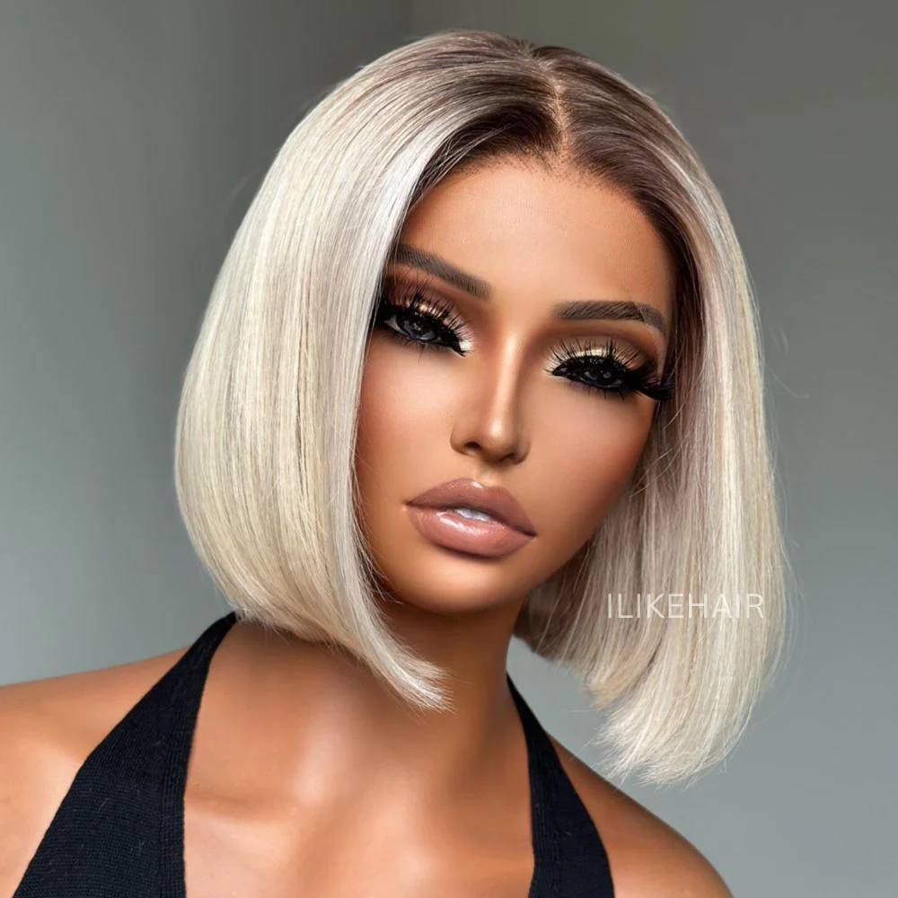 Short Ombre Light Blonde Silky Bob 13x4 Lace Front Wig