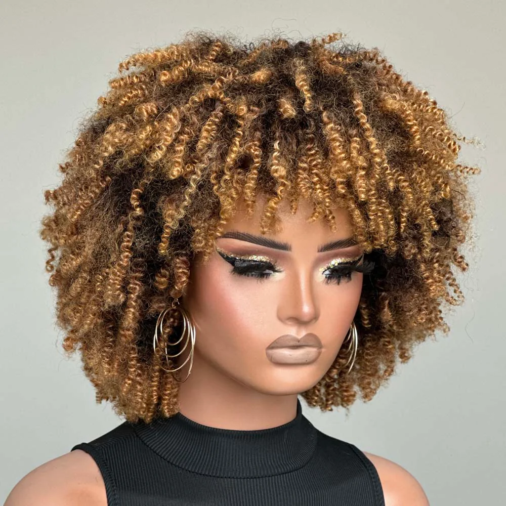 Put on & Go Honey Blonde Highlights Afro Kinky Coily Glueless Bob Wig With Bangs