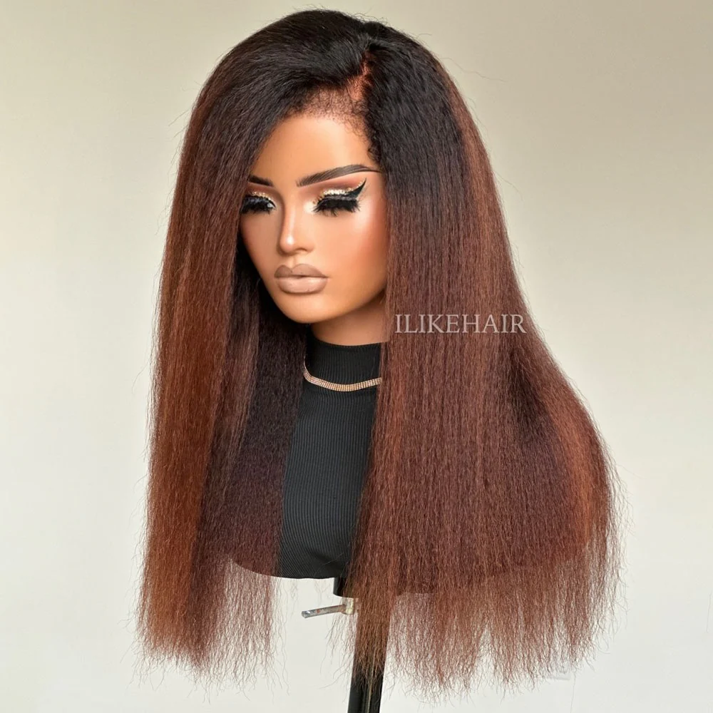 Ombre Brown Kinky Straight 9x4 HD Lace Glueless With 3C Hybrid Hairline Wig