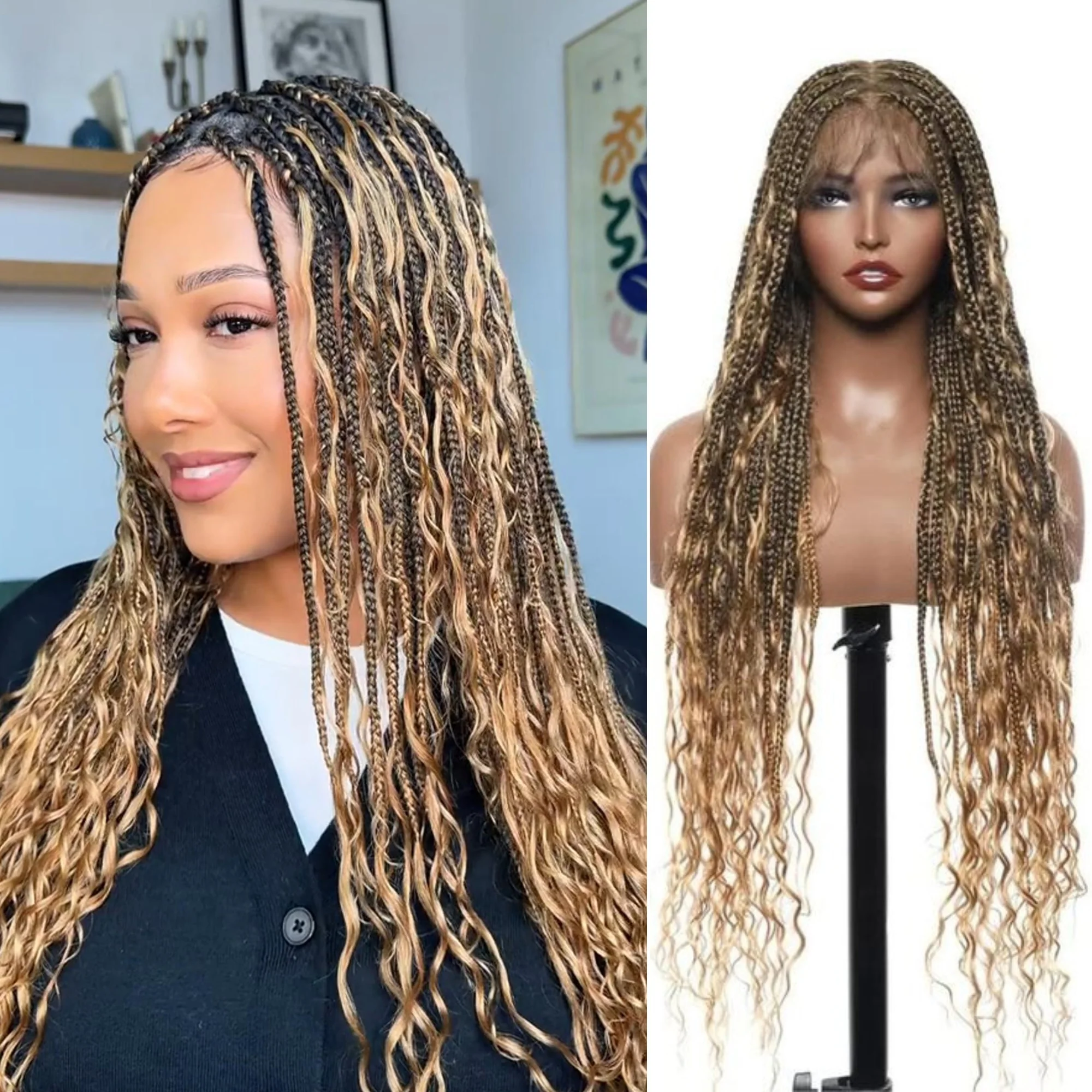 Tangleless Full Lace Bohemian Braided Curls Ombre Blonde Invisi Drawstring Wig