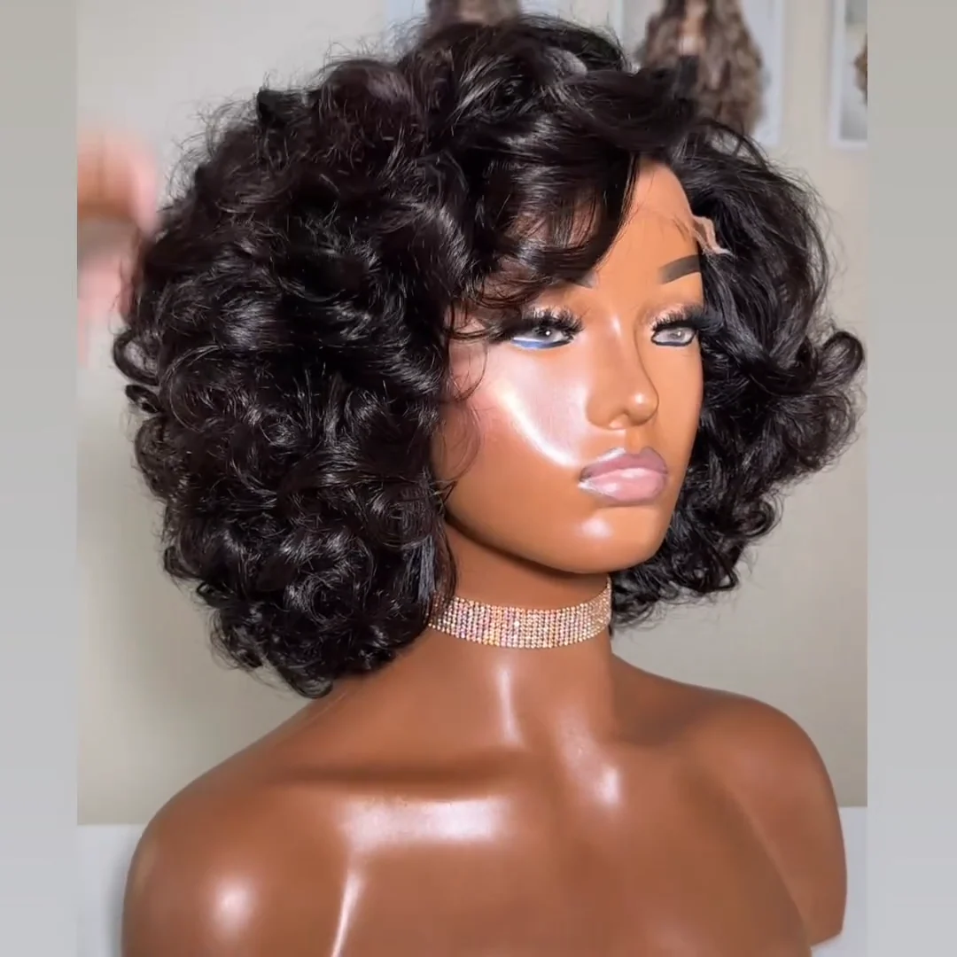 Natural Black Curly Bob 5��5 Lace Human Hair Wig