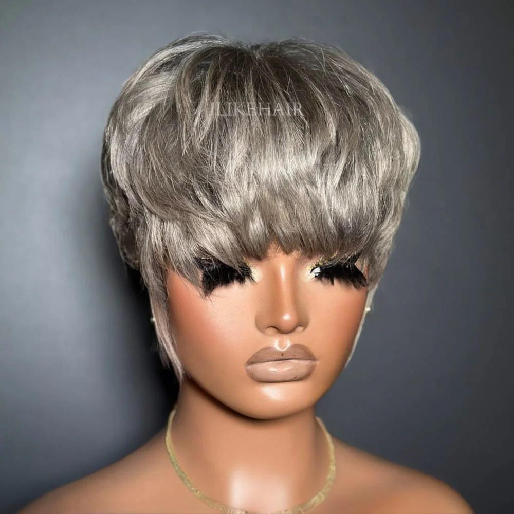 Ash Grey Layered Pixie Cut Glueless Human Hair Wig With Bangs