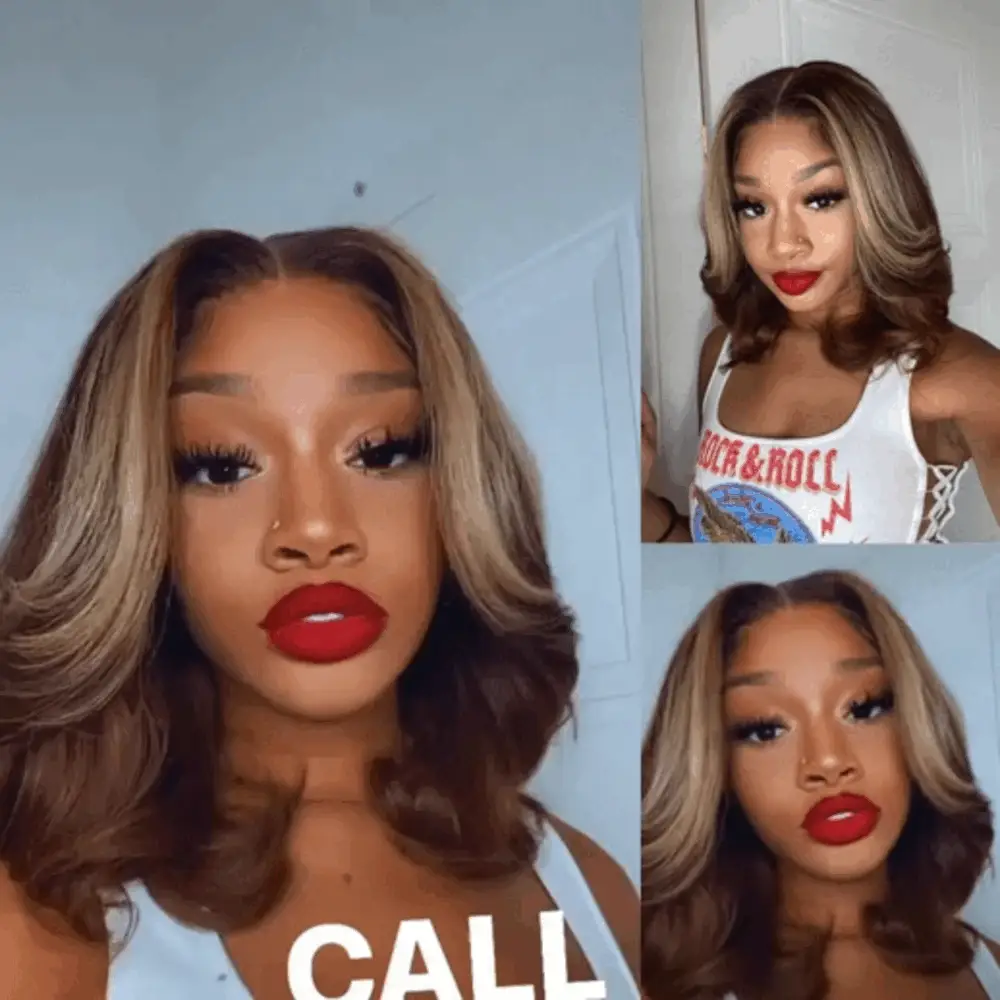 Short Ombre Chocolate Brown with Blonde Highlights 13x4 Lace Front Wig Human Hair