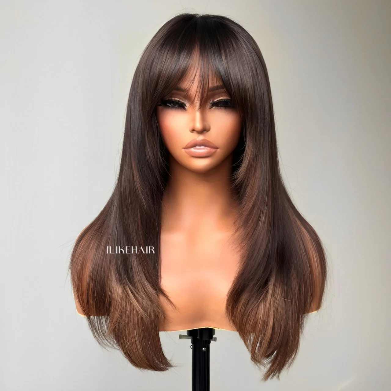 Brown Highlight With Bang Layered Cut 5��5 Lace Human Hair Wig