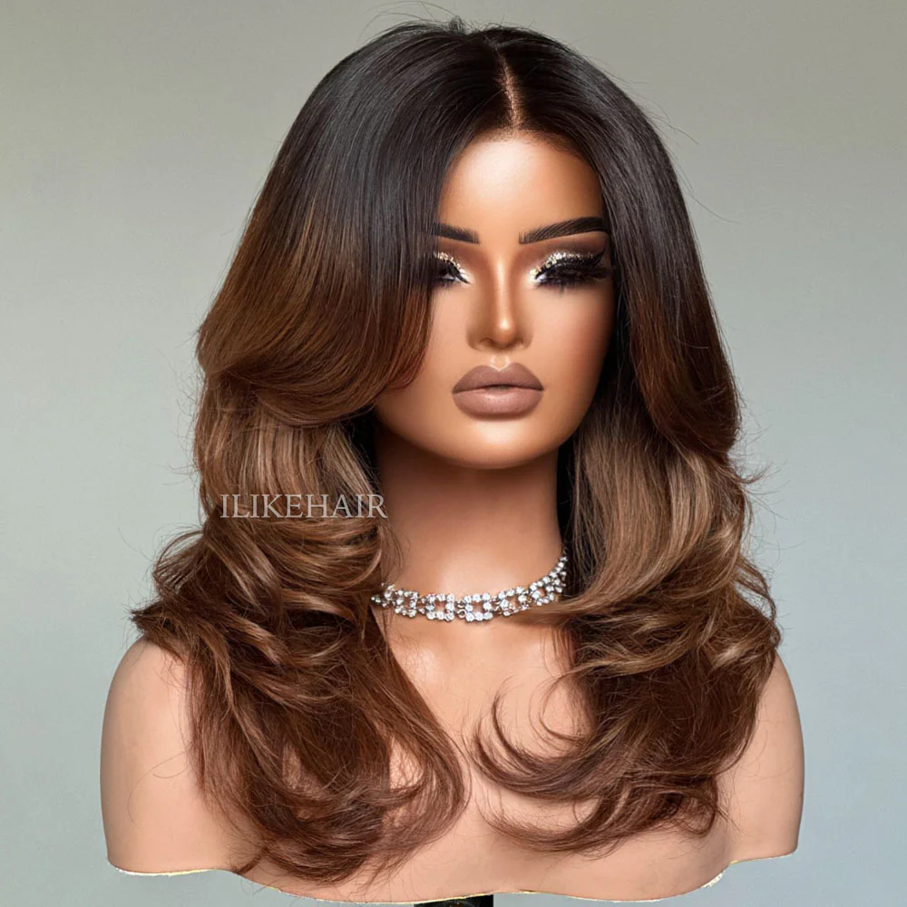 Ombre Brown Layered Wavy With Curtain Bangs Lace Closure Wig