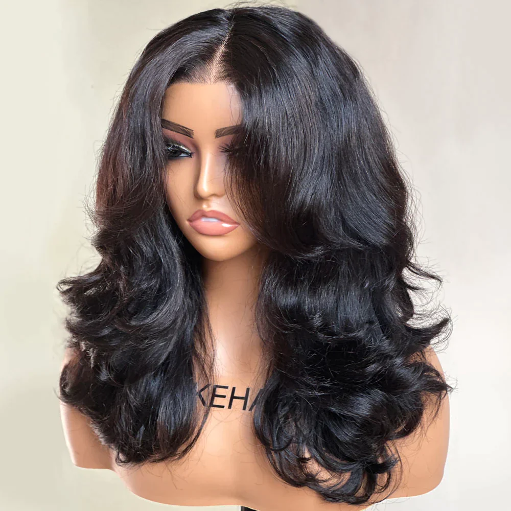 Put on & Go Inspired Layered Curtain Bangs Wavy Lace Closure Wig