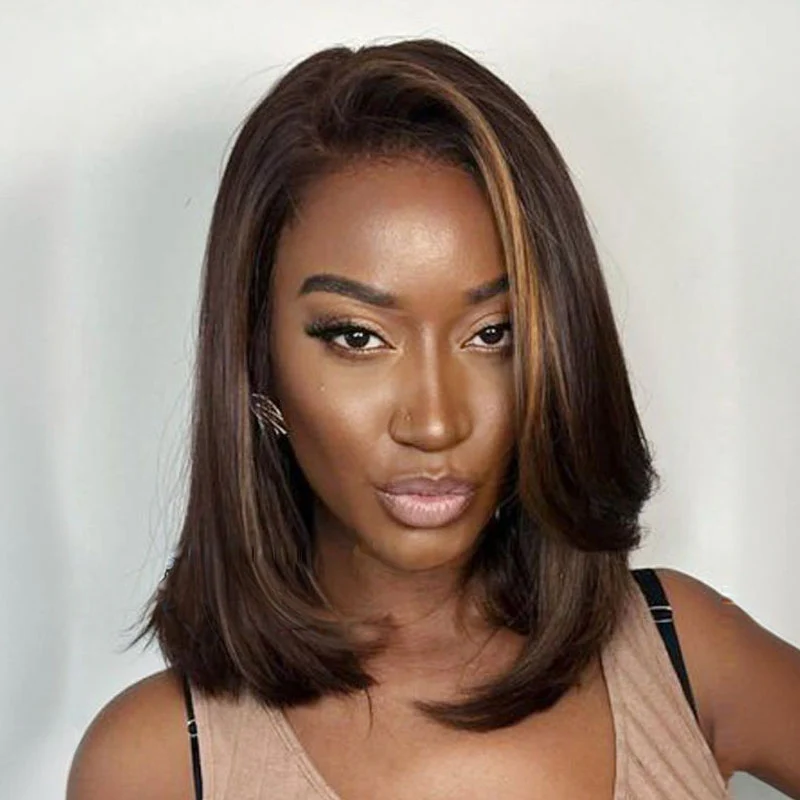 Designer Layered Short Bob Brown Hair with Blonde Highlights Lace Front Wig