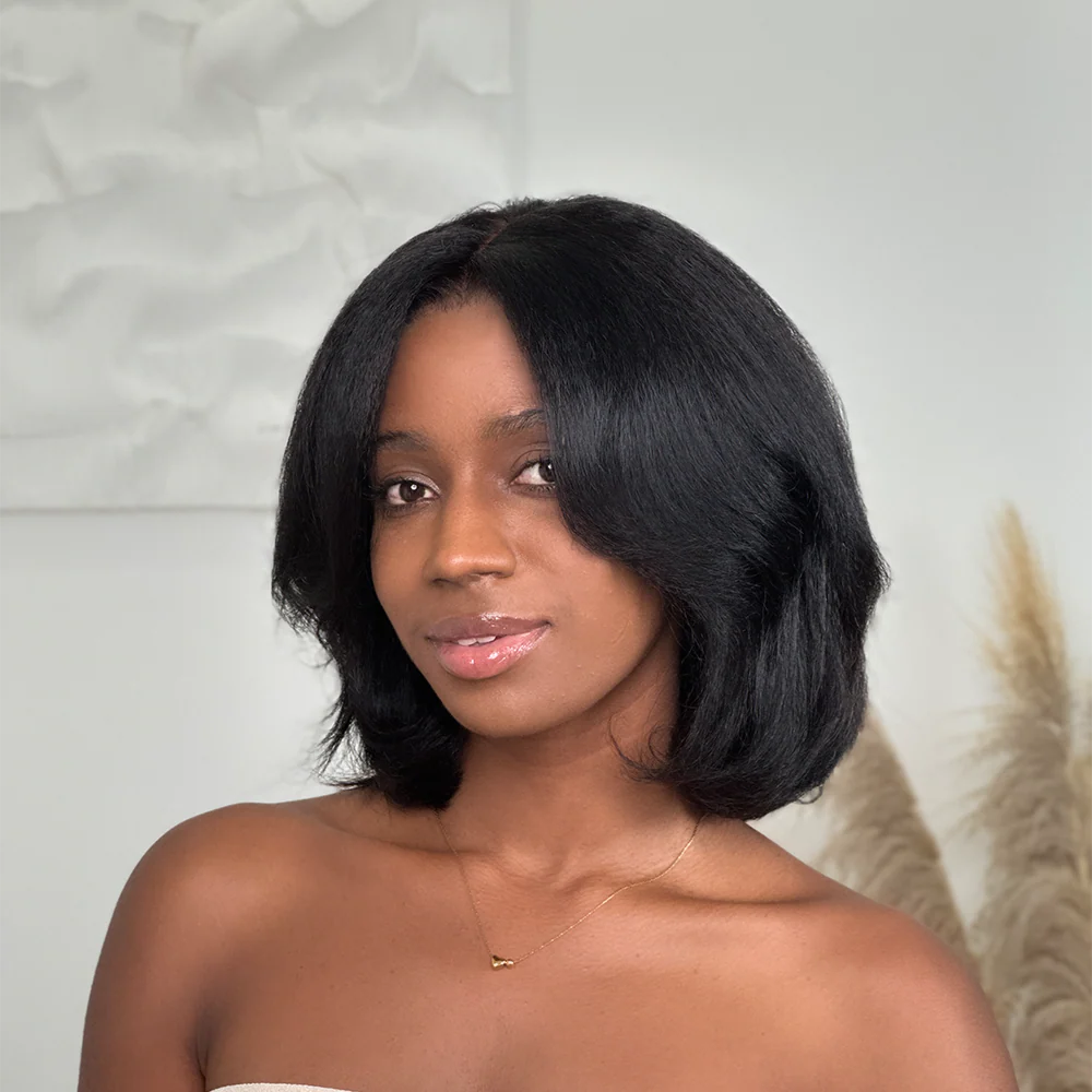 Natural Kinky Straight Layered Blowout Bob Lace Wig