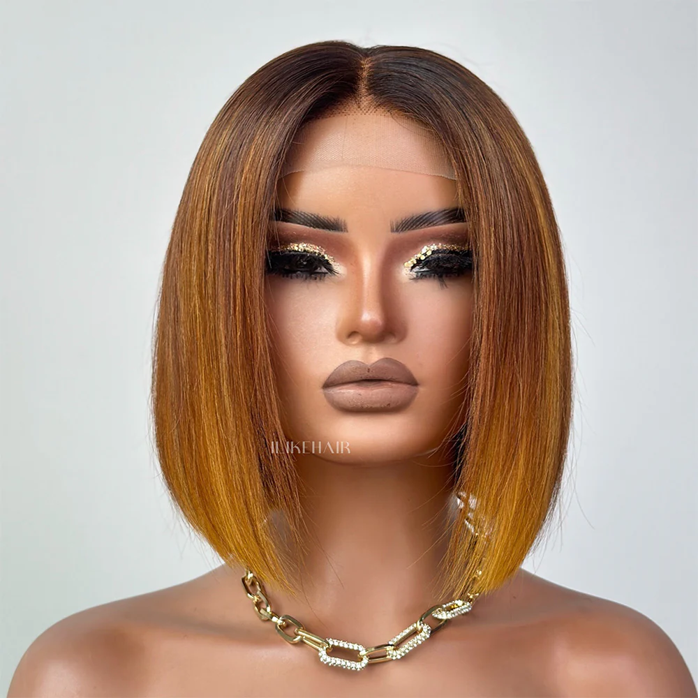 Ombre Honey Blonde With Brown Bob 5x5 Lace Wig