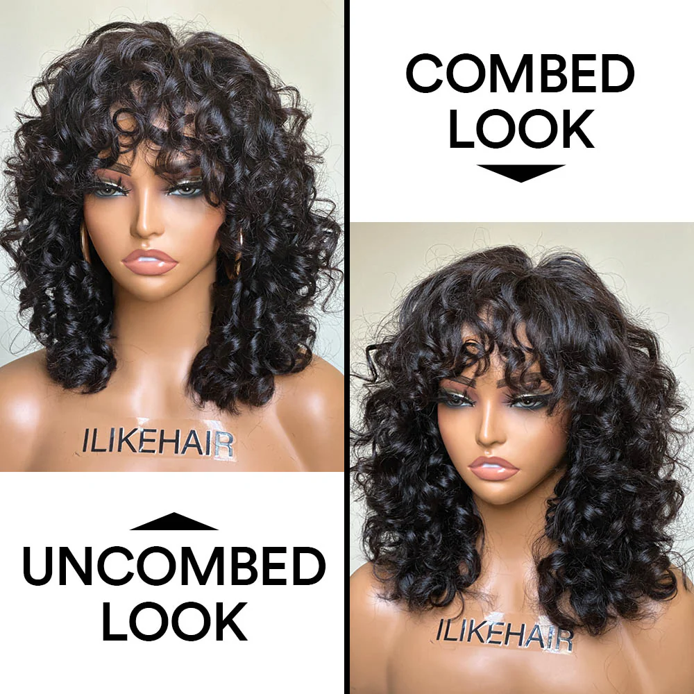 Short Loose Bouncy Curly Human Hair With Bangs Glueless Wig