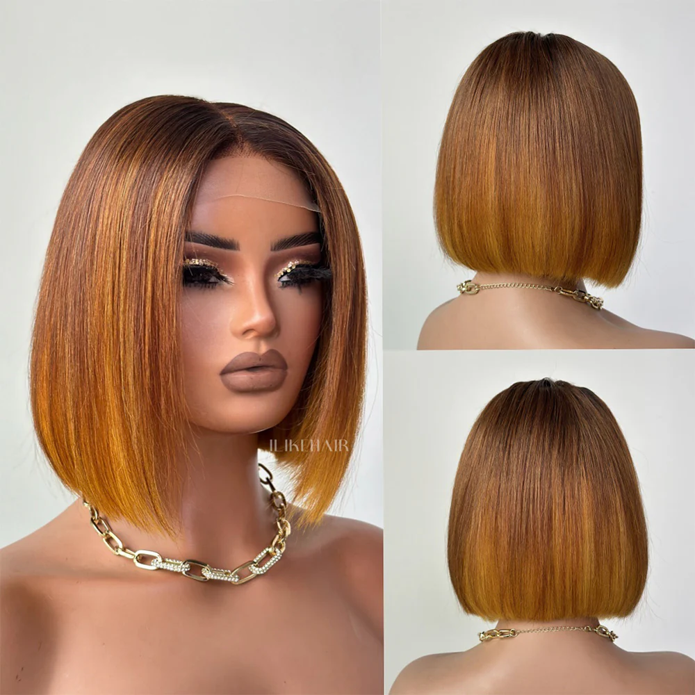 Ombre Honey Blonde With Brown Bob 5x5 Lace Wig
