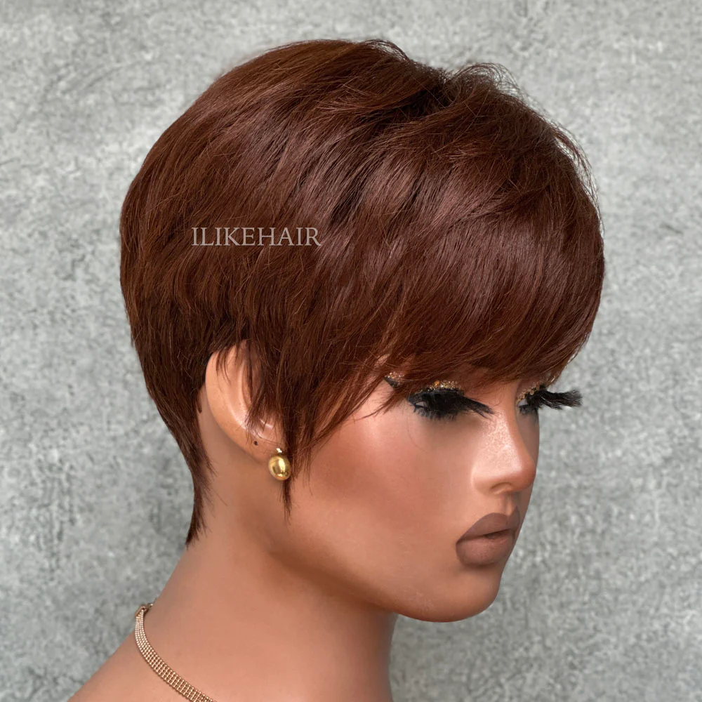 Put On & Go Brown Layered Pixie Cut Human Hair Wig With Bangs