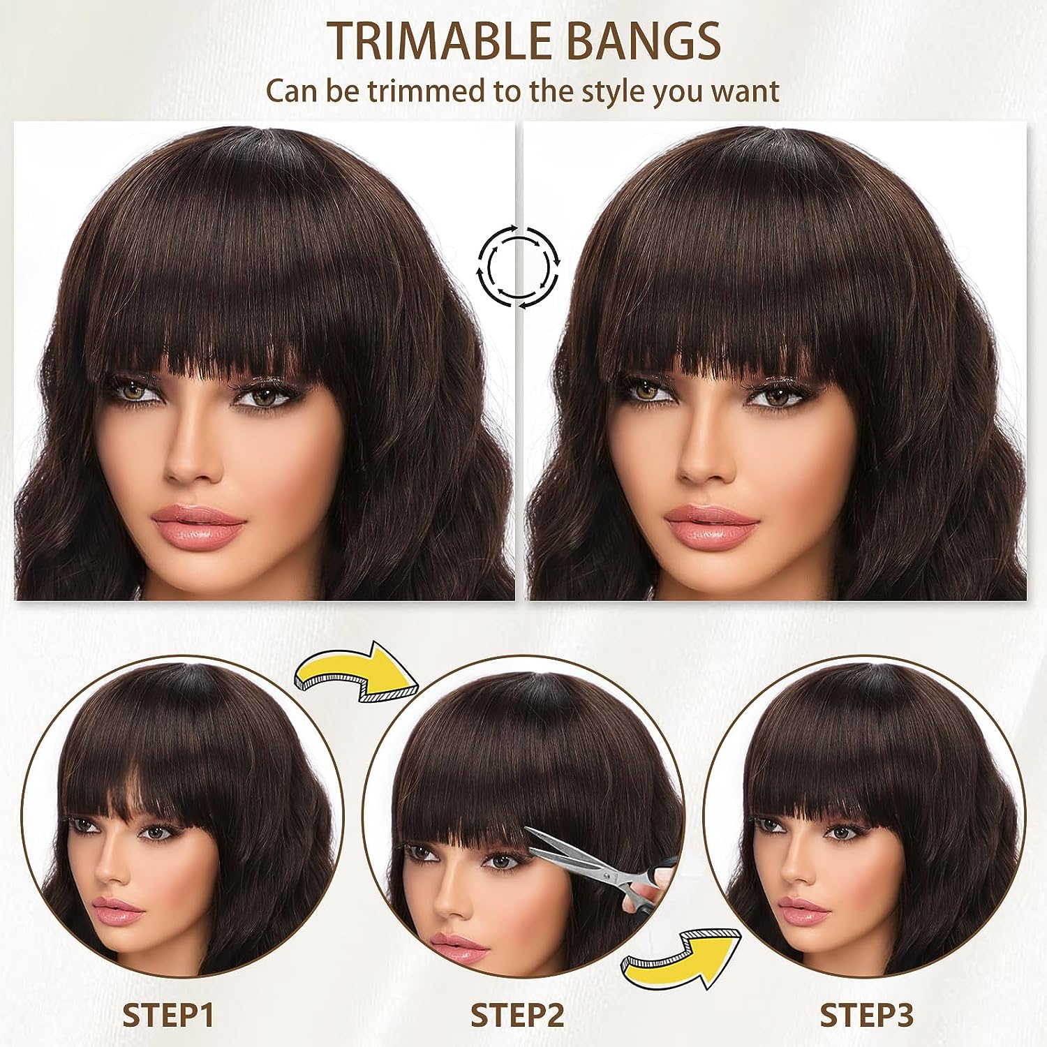 Brown Wavy Glueless Wig with Bangs Chocolate Brown Shoulder Length Human Hair Wigs