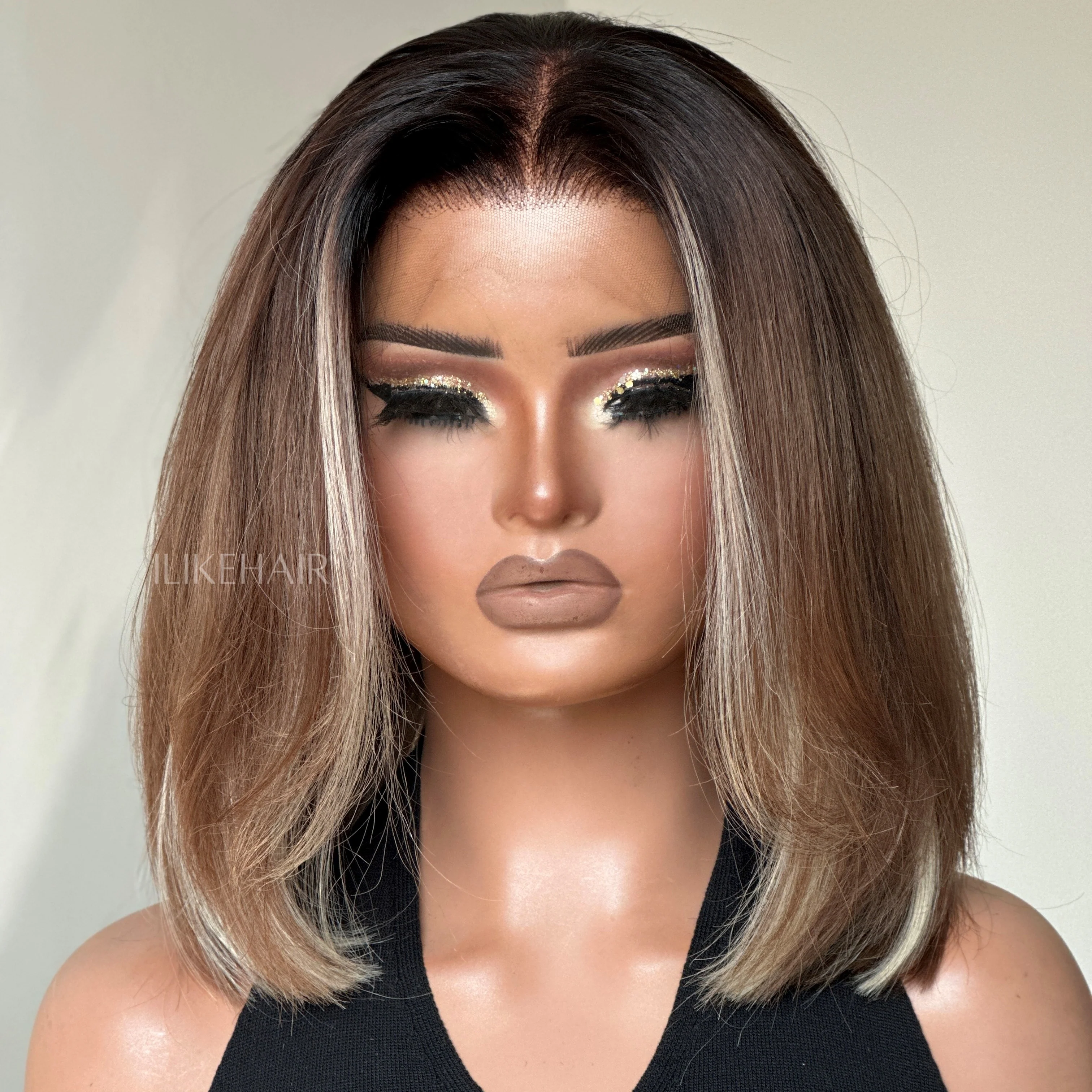 Ash Blonde Balayage Brown Highlight With Dark Root Straight Bob 13x4 Lace Front Wig