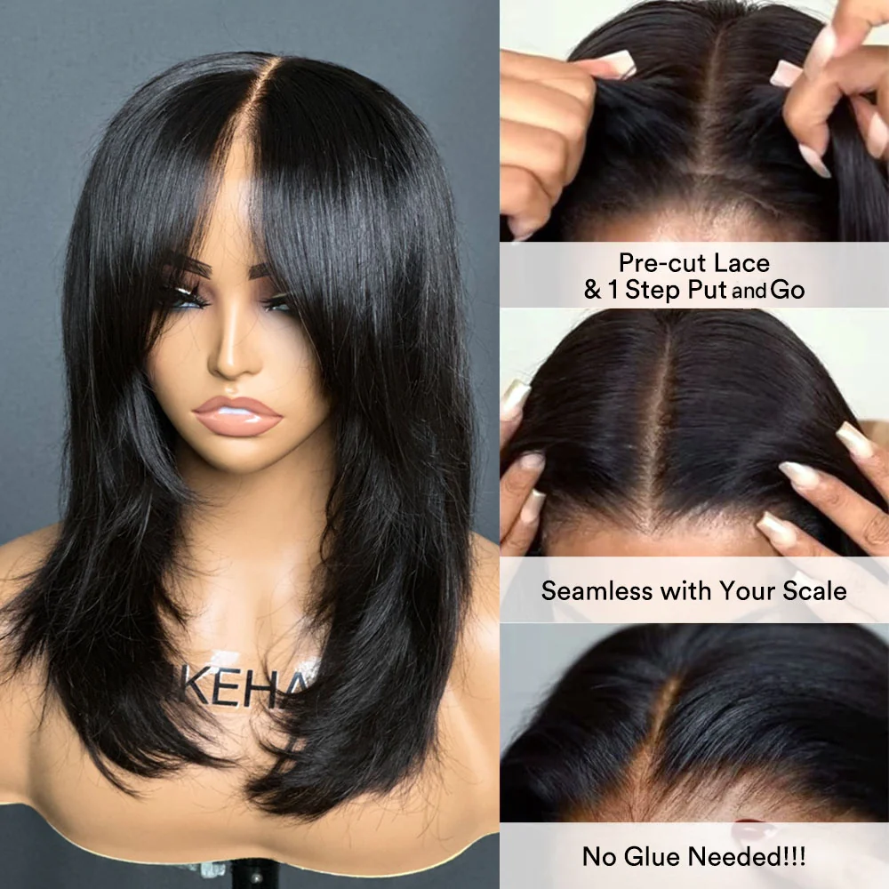 Put on & Go Layered Wavy Curtain Bangs Pre Cut Lace Closure Wig