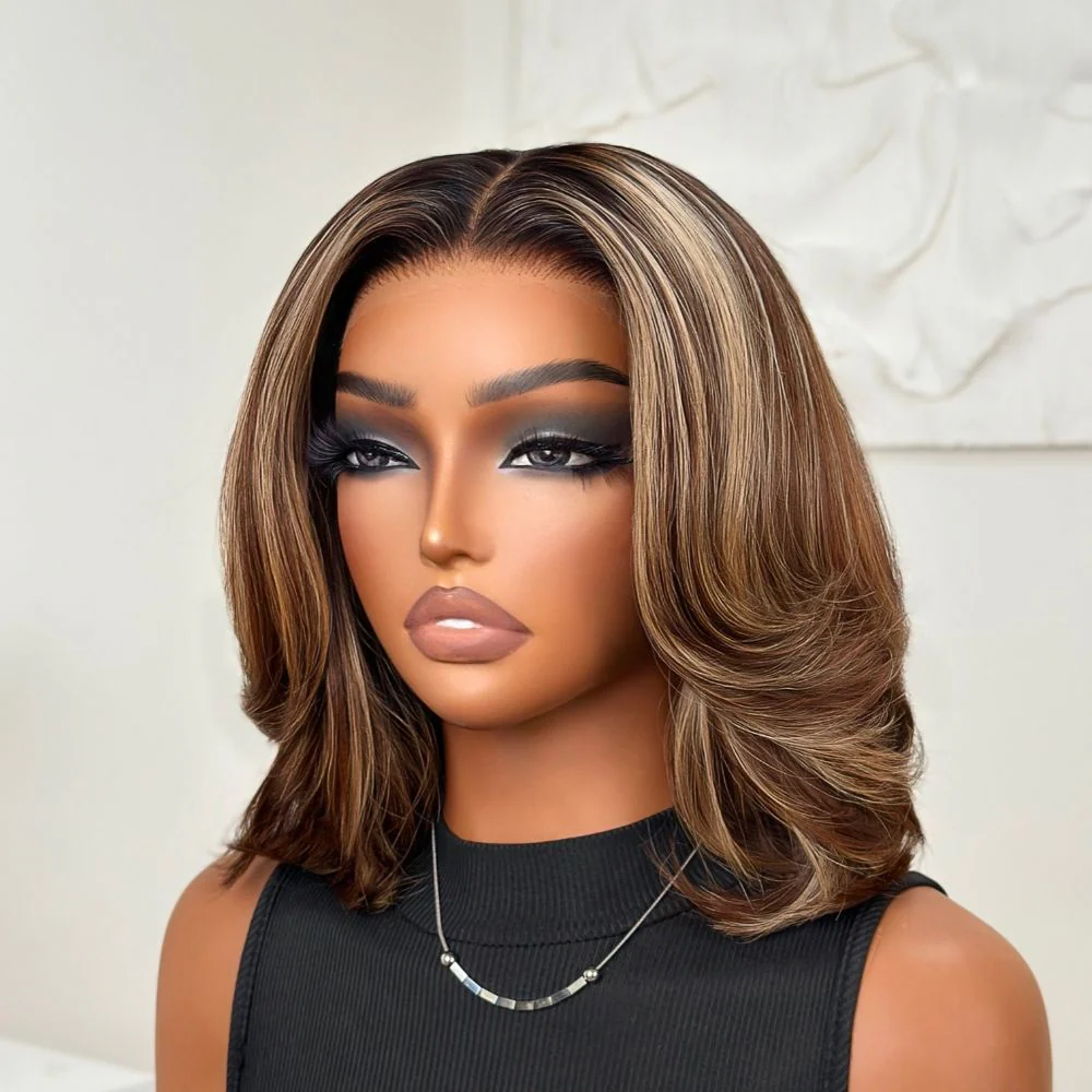 Blonde Highlight Short Layered Bob 7x5 Lace Human Hair Wig