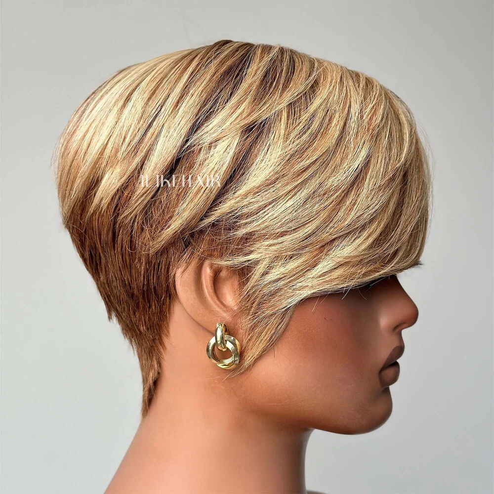 Brown With Blonde Highlight Short Pixie Cut Long Bang Glueless Wig