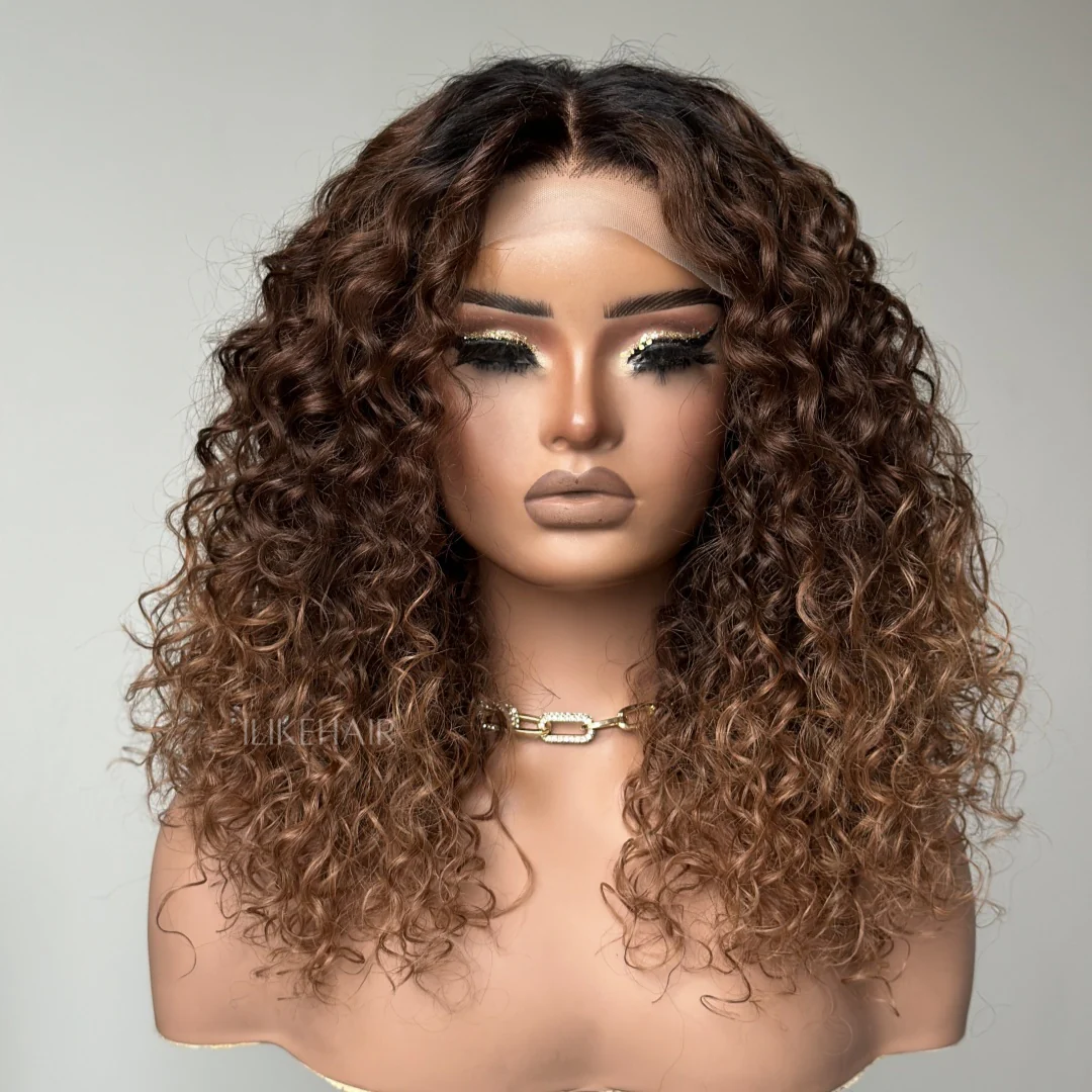 T4/30 Ombre Brown With Black Root Water Wave 6x6 Lace Closure Wig
