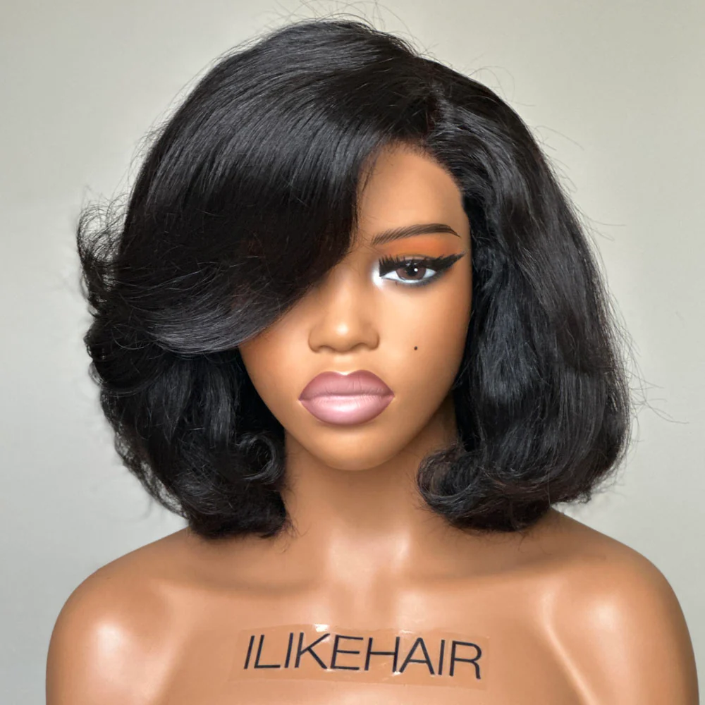 Natural Black Short Layered Wavy Bob Lace Wig