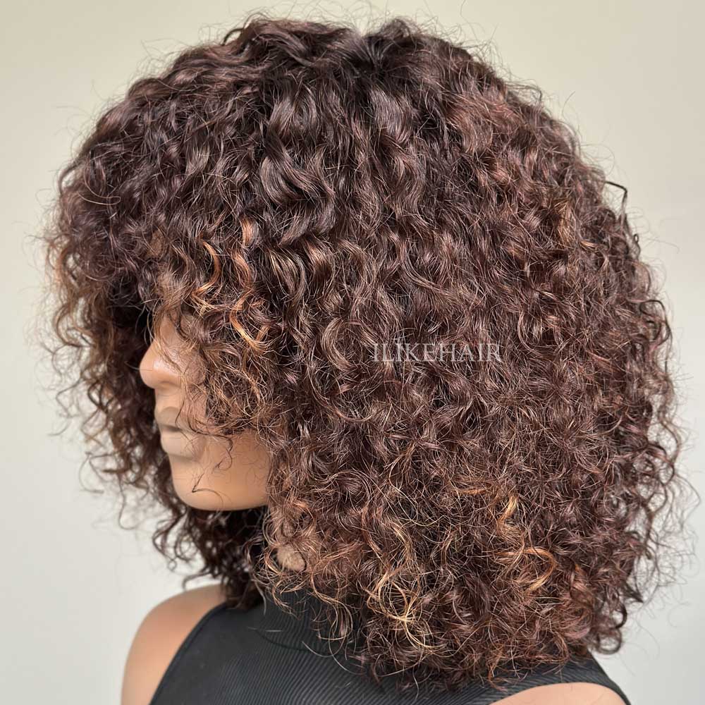 Put on & Go Brown Highlight Curly Bob Wig With Bangs