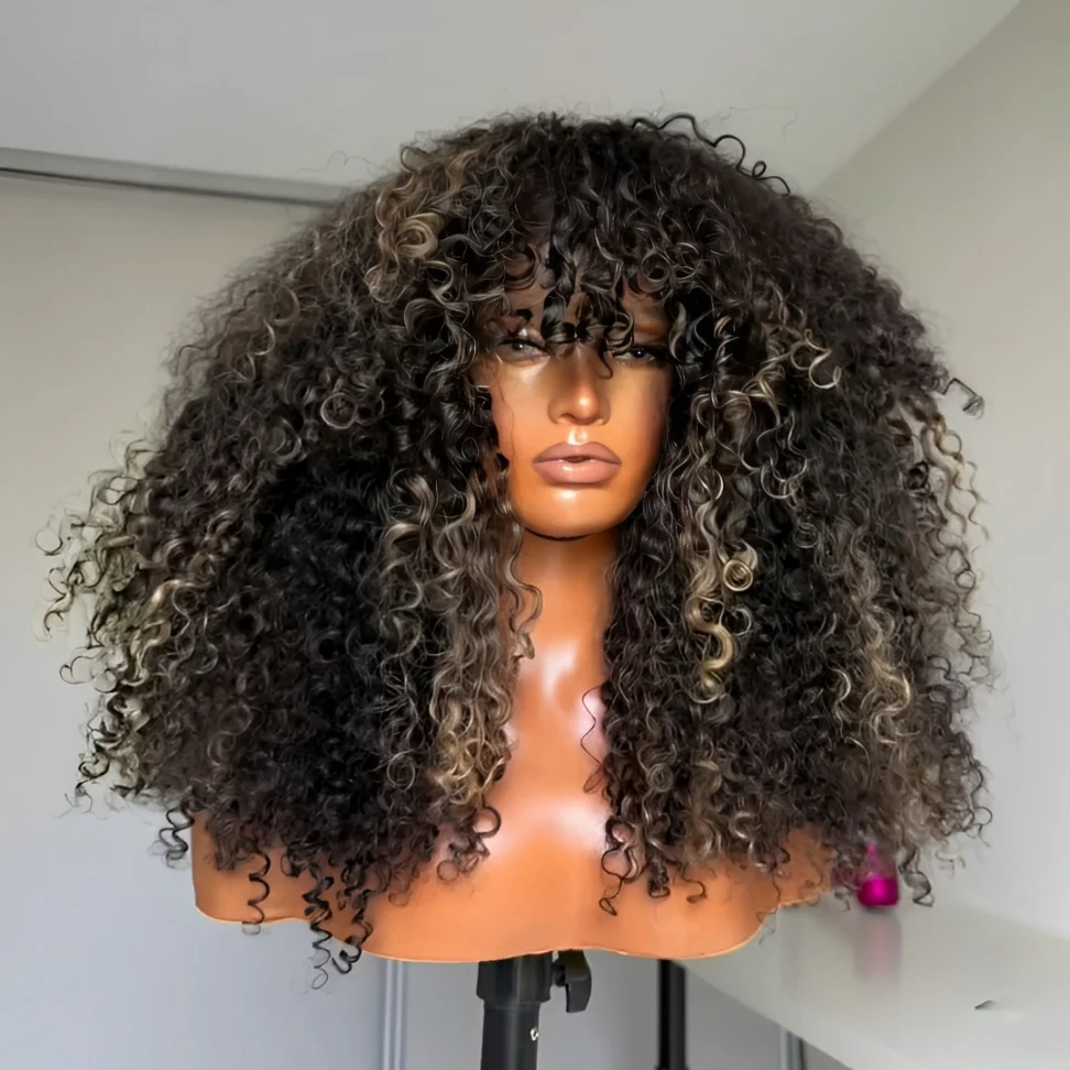 Blonde Highlight Glueless Curly Human Hair Wigs With Bangs