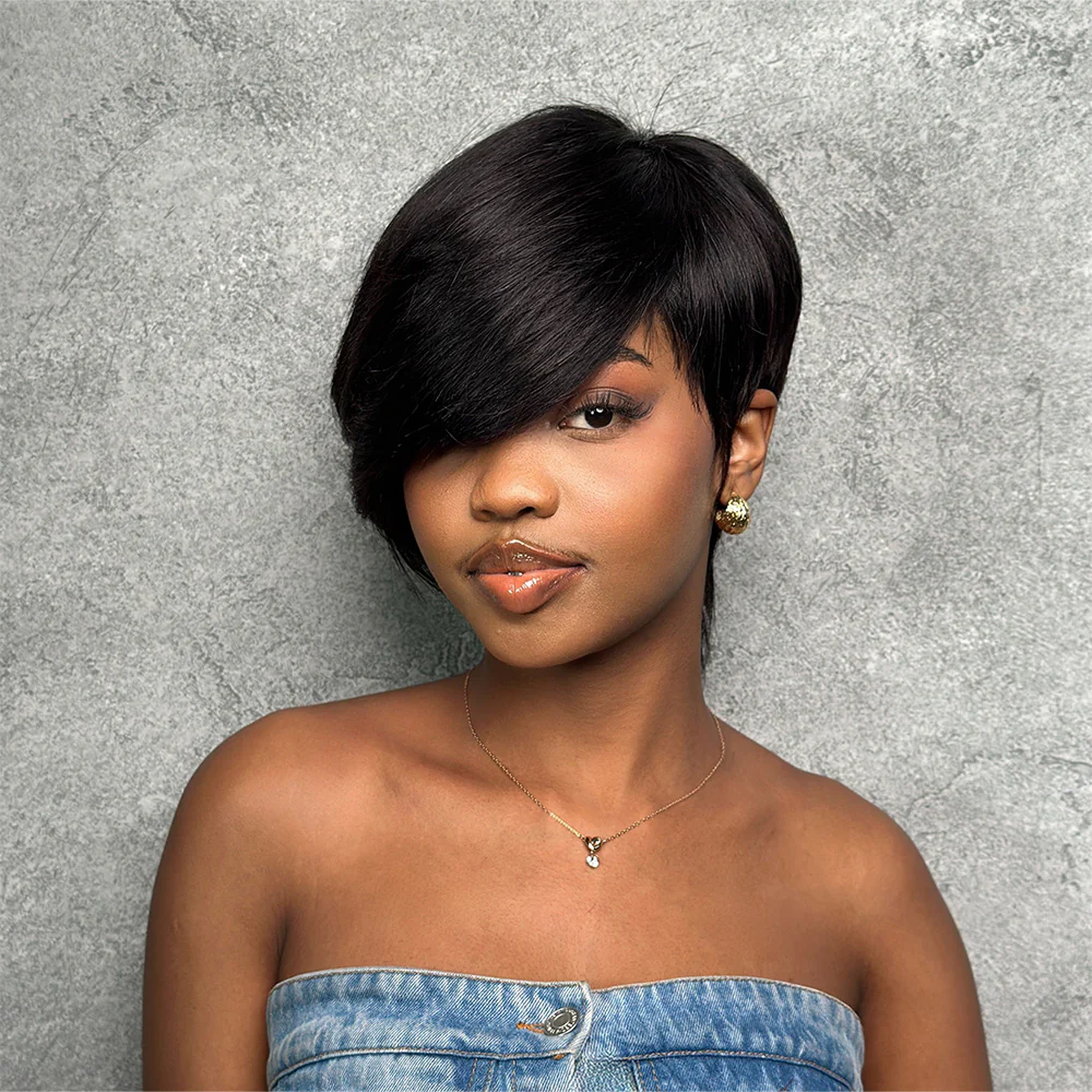 Long Layered Side Bangs Pixie Cut Human Hair Wig