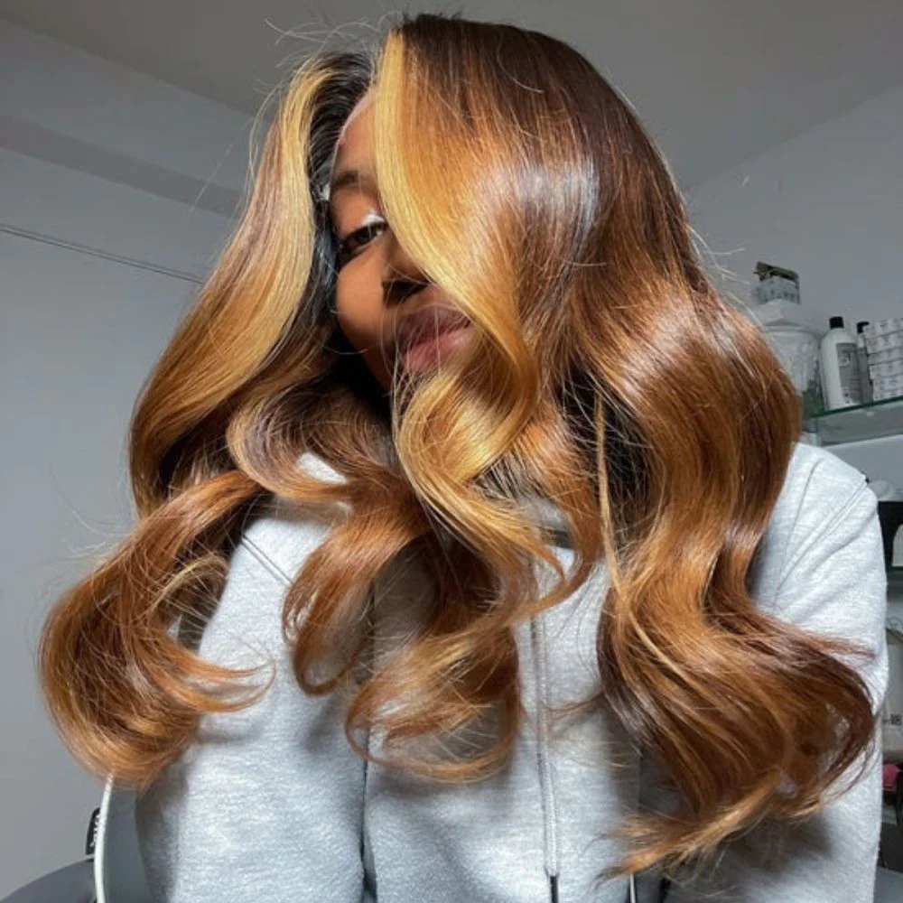 Warm Hazelnut Brown Balayage with Dark Brown Root Wavy 5x5 Lace Closure Wig