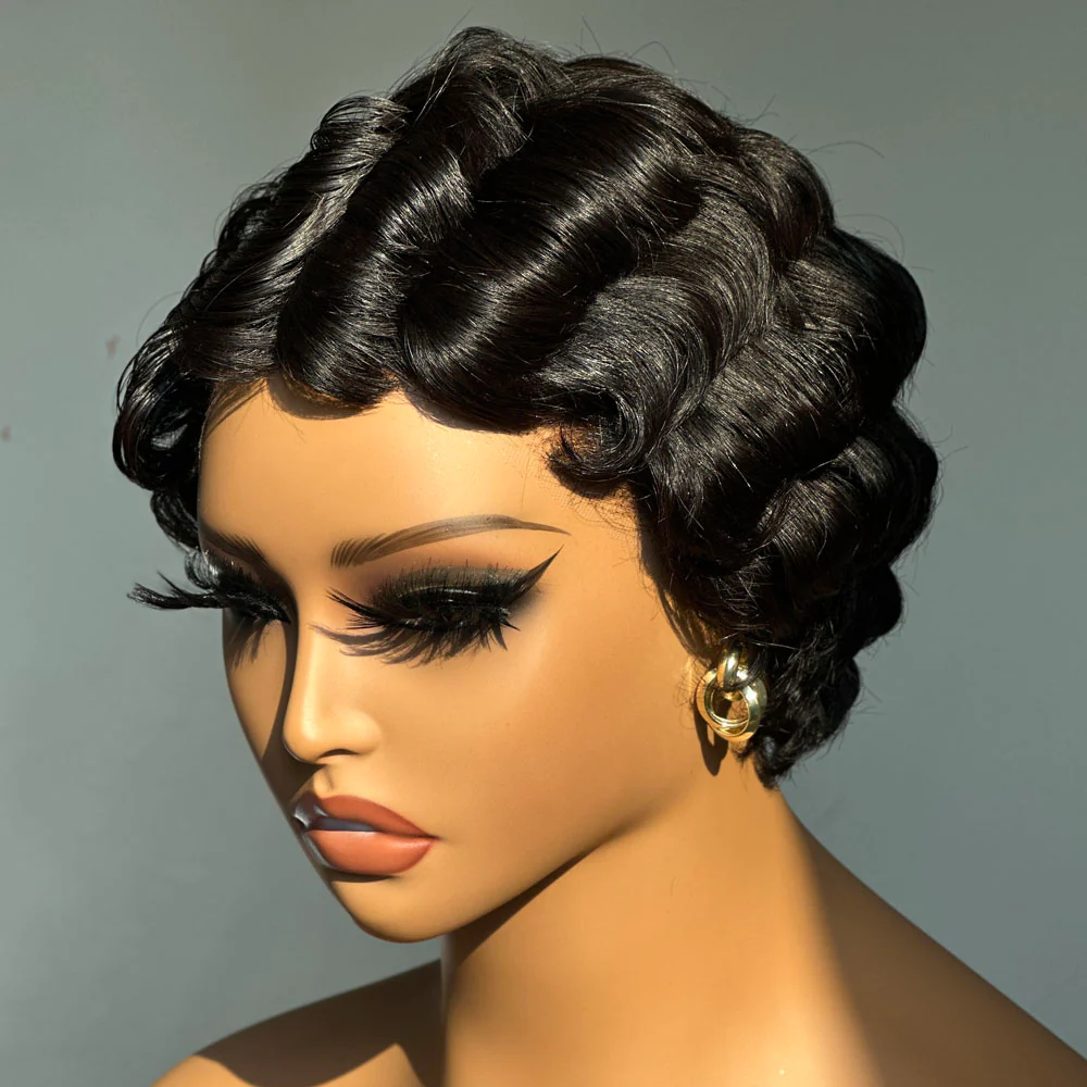 Short Pixie Cut Finger Wave Human Hair 13x4 Lace Front Wig