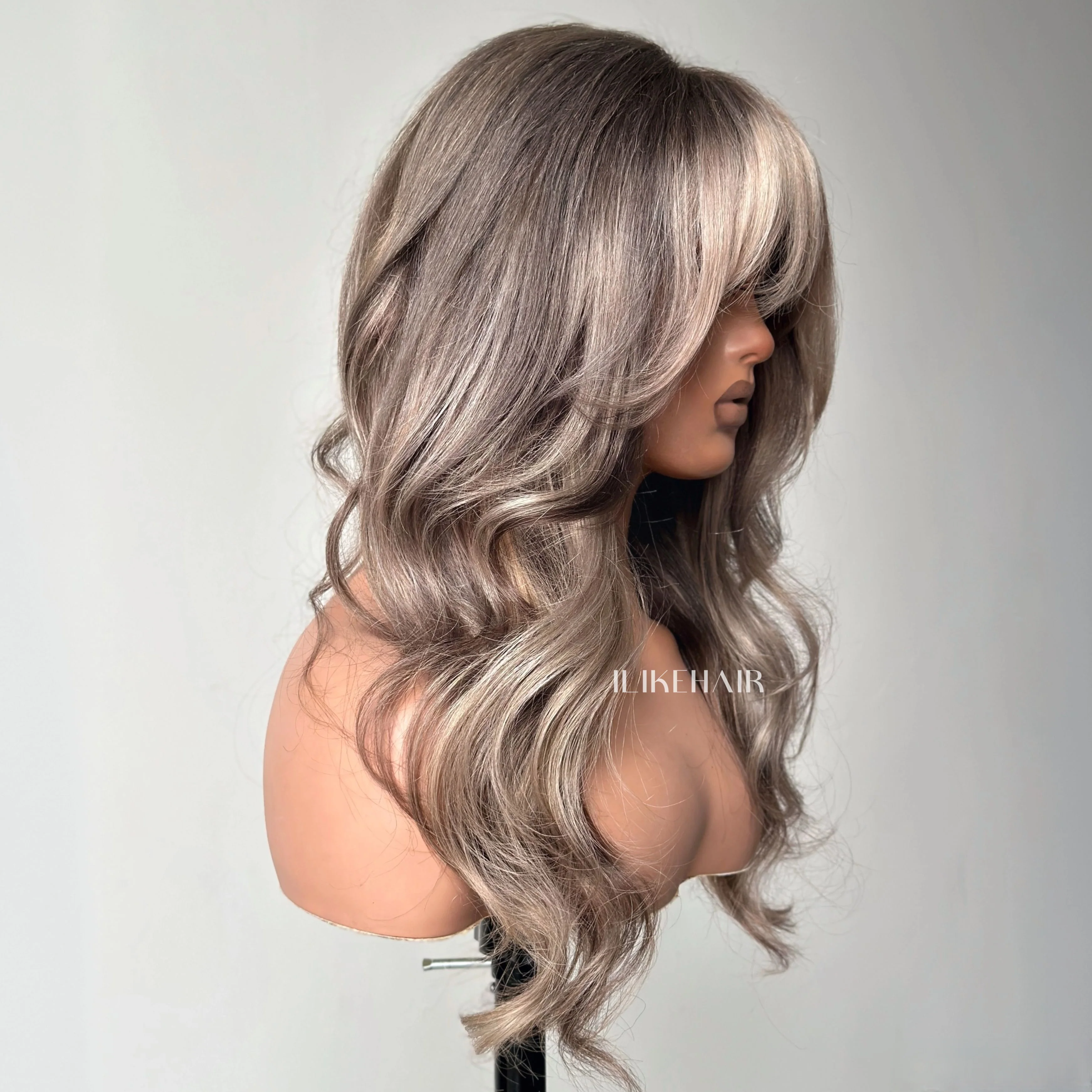 Ombre Ash Blonde With Brown Highlights Layered Cut Wavy Wig With Bang