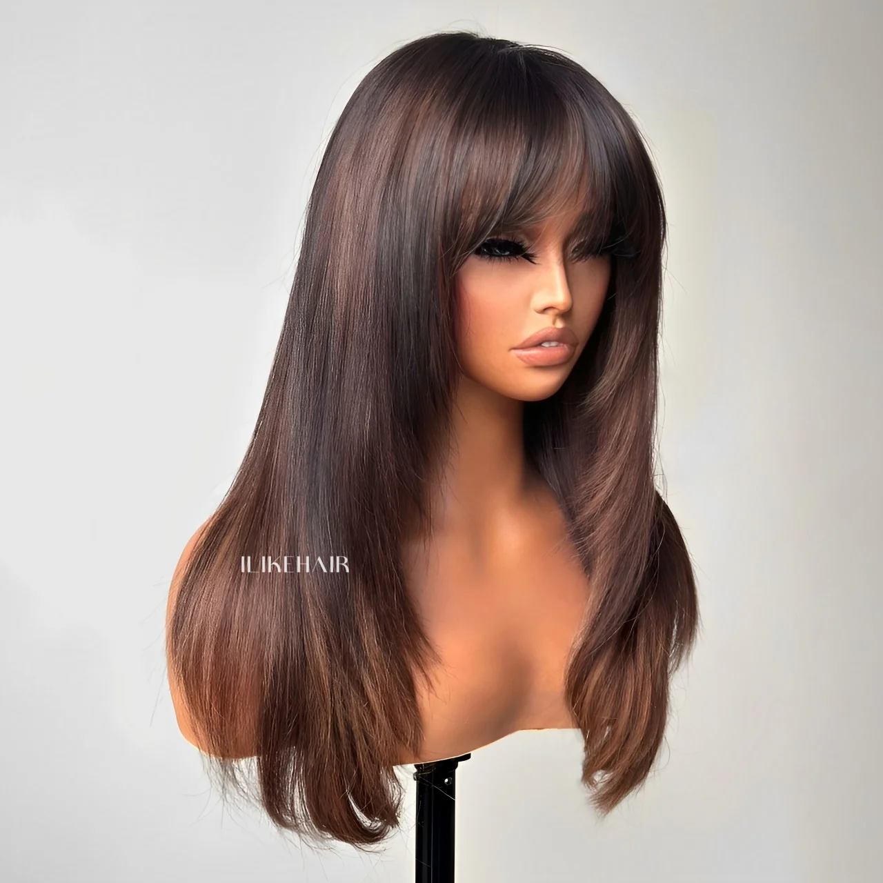 Brown Highlight With Bang Layered Cut 5��5 Lace Human Hair Wig