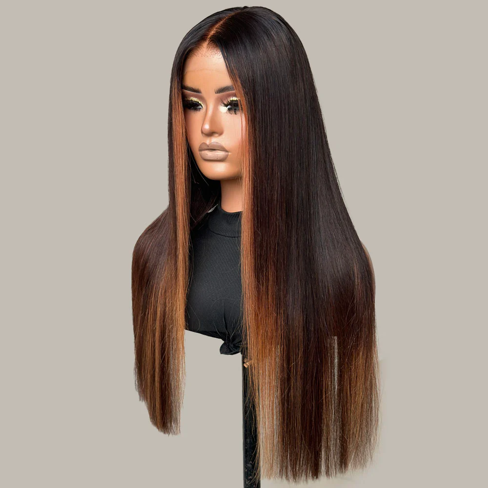 Classic Brown With Blonde Highlights Silky Straight Glueless Closure Lace Wig