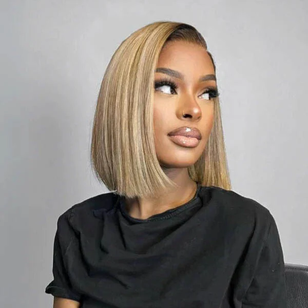 Ash Blonde Highlights Blunt Cut Adjustable Cap Virgin Hair Bob HD Lace Wig