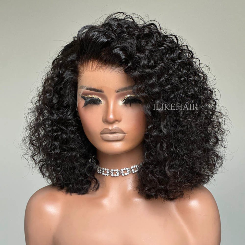 Fluffy Water Wave Natural Black 13x4 Lace Frontal Wig