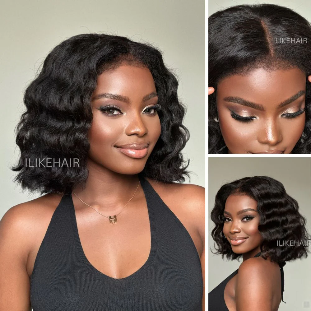 Put on & Go Short Wavy Bob Pre Cut HD Lace With Kinky Edges Wig