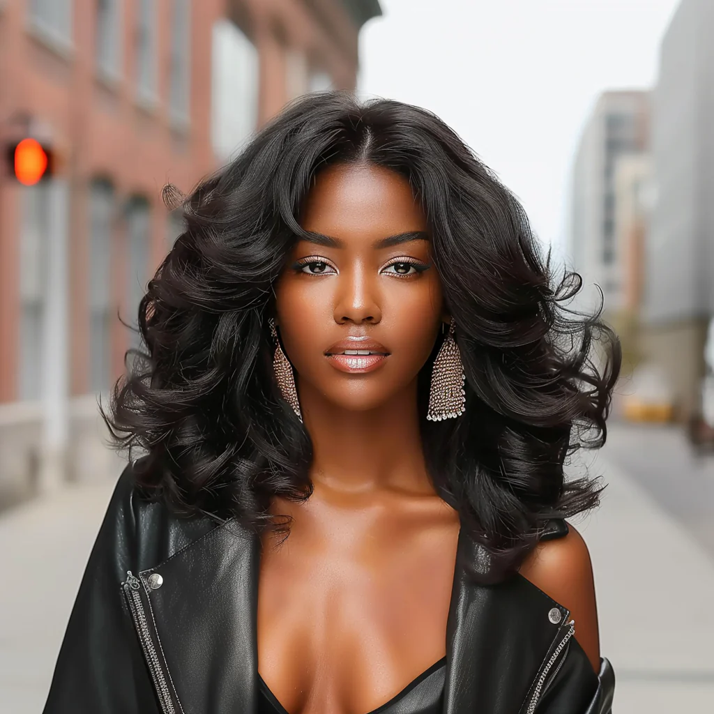 Put on & Go Designer Layered Curtain Bangs Wavy Lace Closure Wig