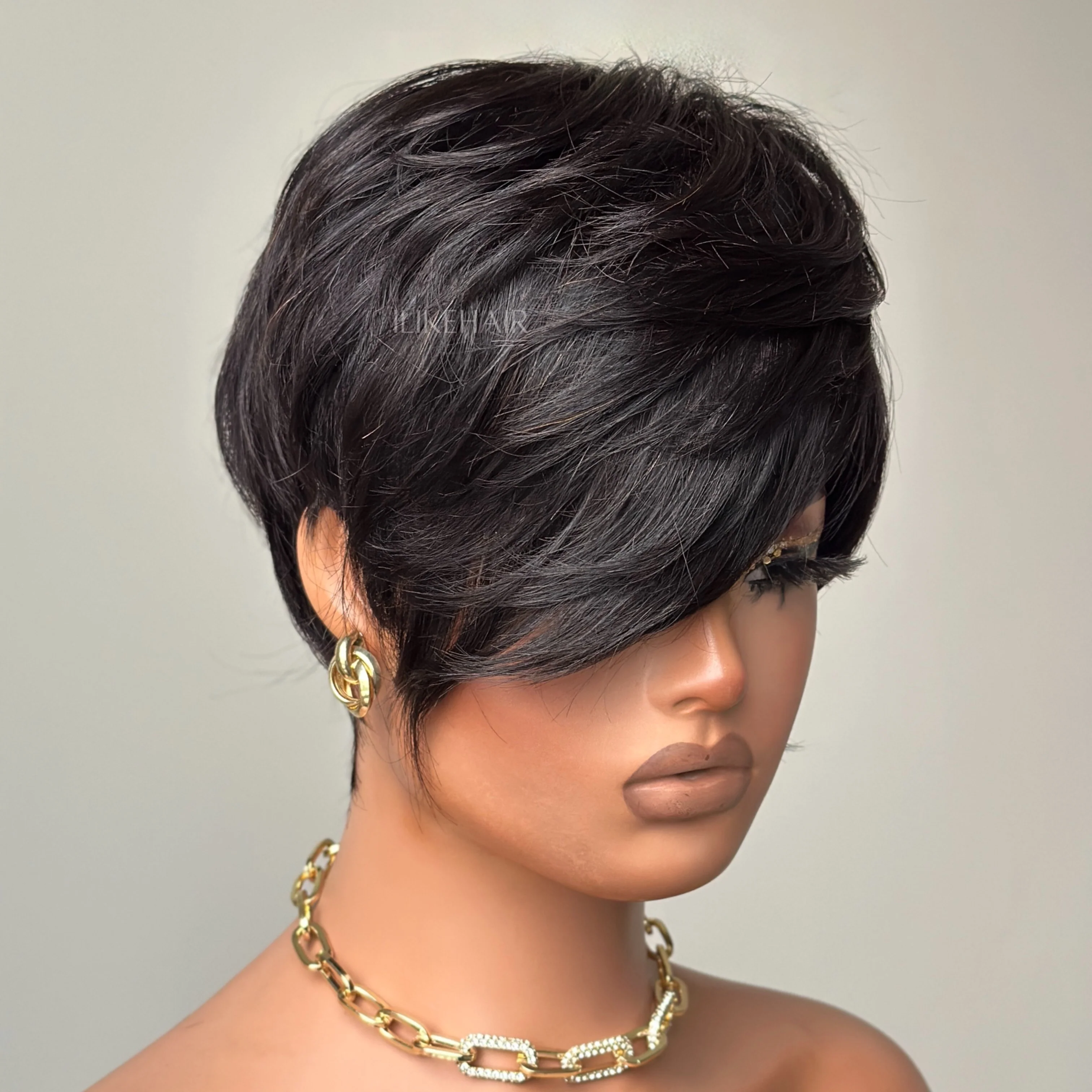 Short Pixie Cut With Long Bangs Glueless Human Hair Wig