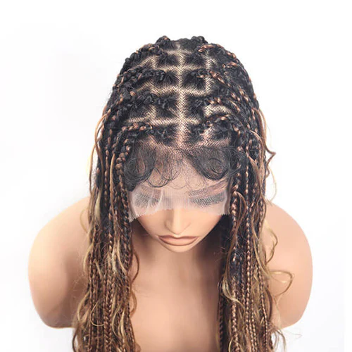 Boho Knotless Braided with Ombre Brown & Honey Blonde French Curls Invisi Drawstring Wig