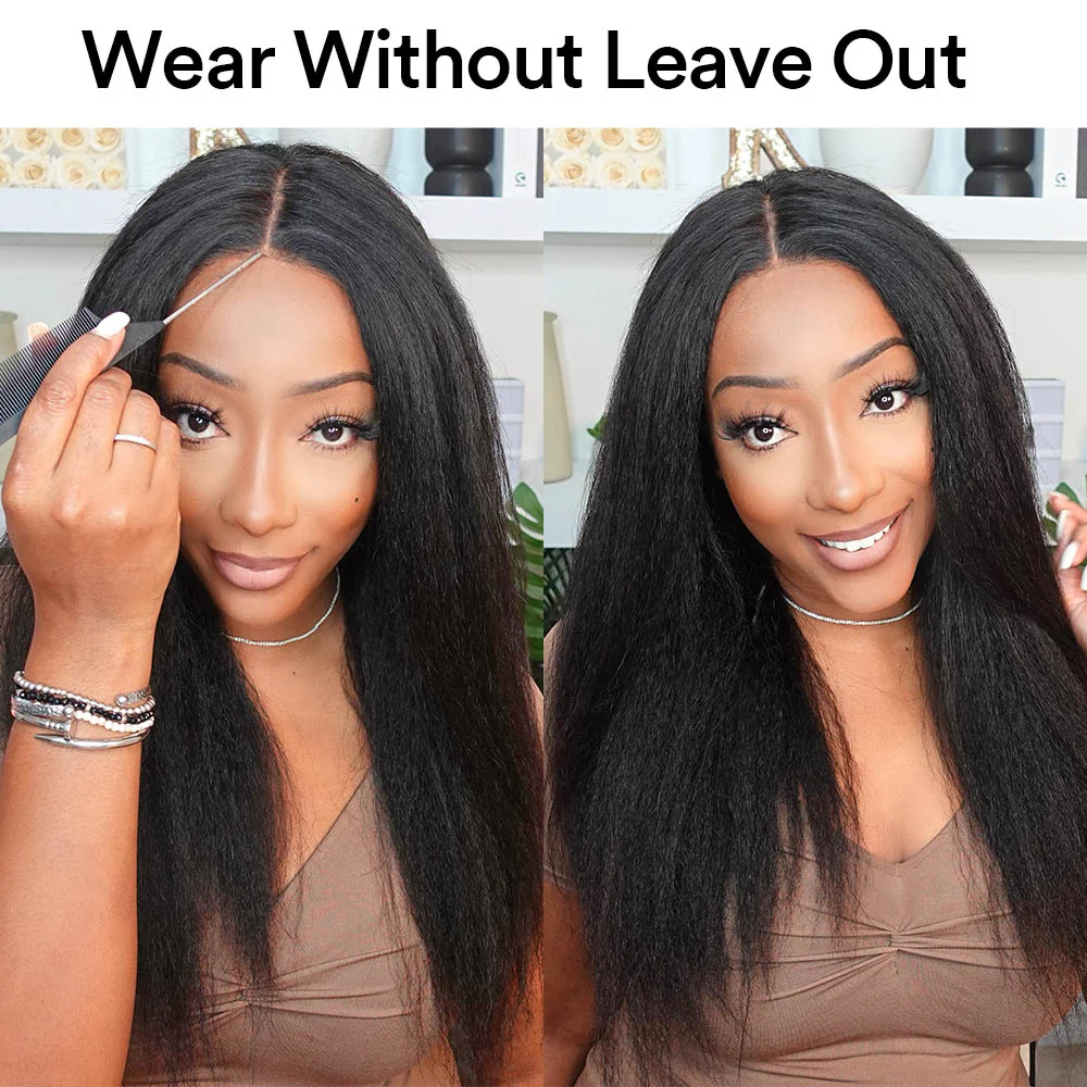 Natural Kinky Straight Glueless HD Lace Closure Half Wig
