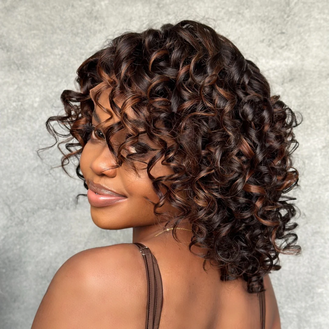Short Bob Bouncy Loose Curly Blonde Highlight Lace Front Wig