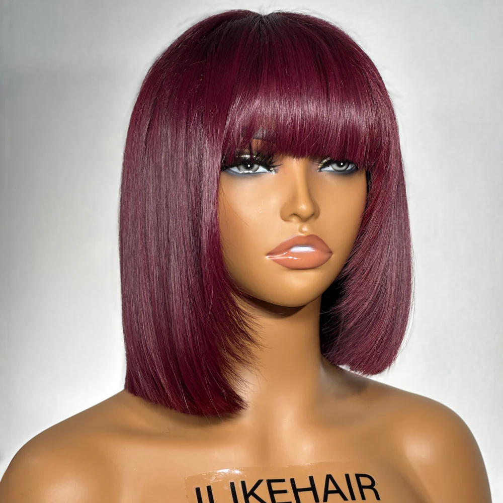 Layer Cut Straight Burgundy Bob 5x5 Lace Closure Wig With Bangs