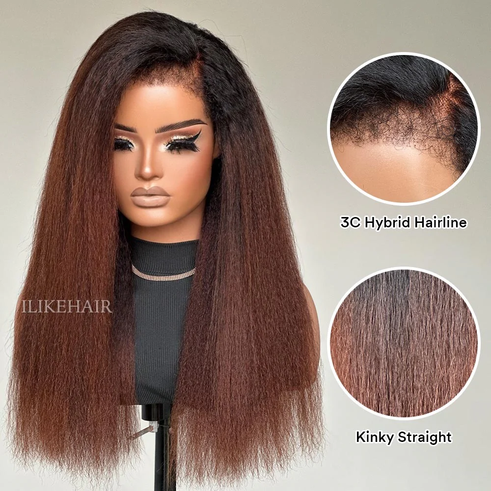 Ombre Brown Kinky Straight 9x4 HD Lace Glueless With 3C Hybrid Hairline Wig