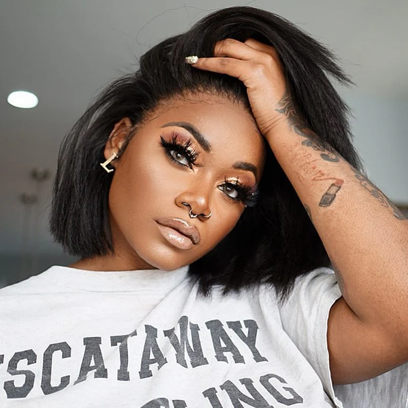 Short Kinky Straight Human Hair Bob Lace Front With Kinky Edges Wig