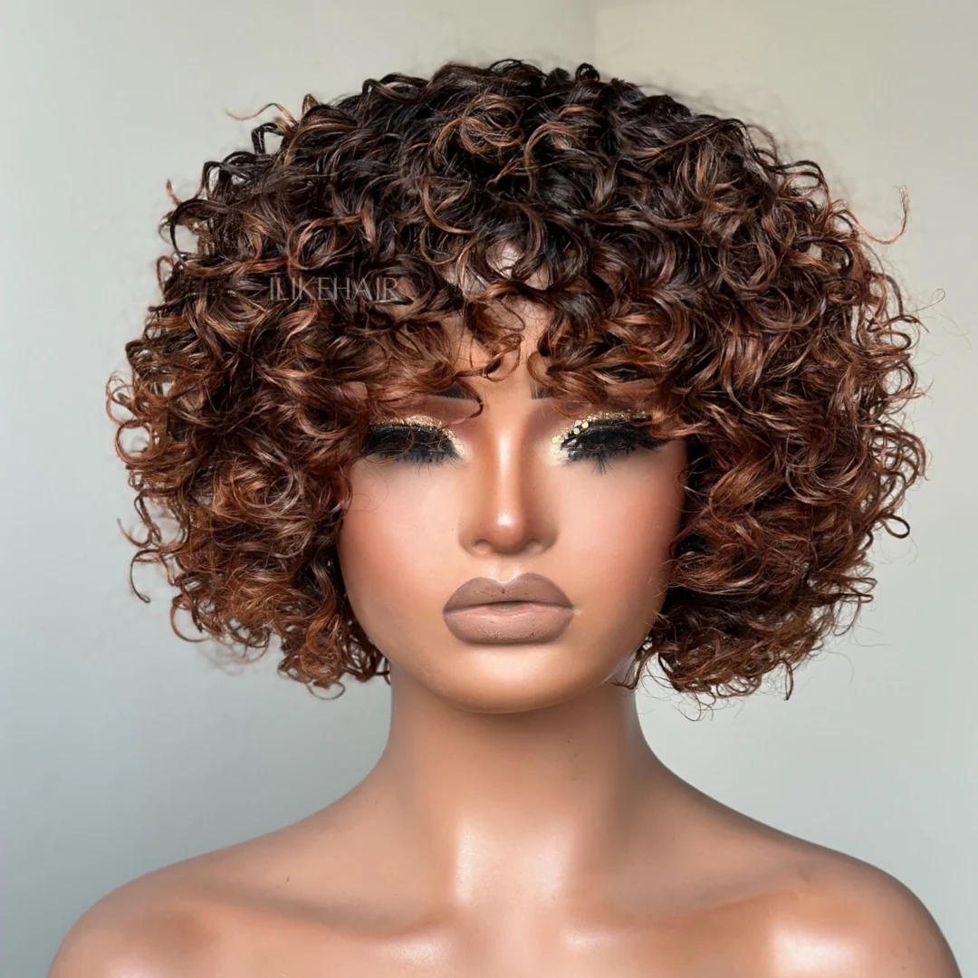 Put On & Go Short Ombre Auburn Brown Curly Wig With Bangs