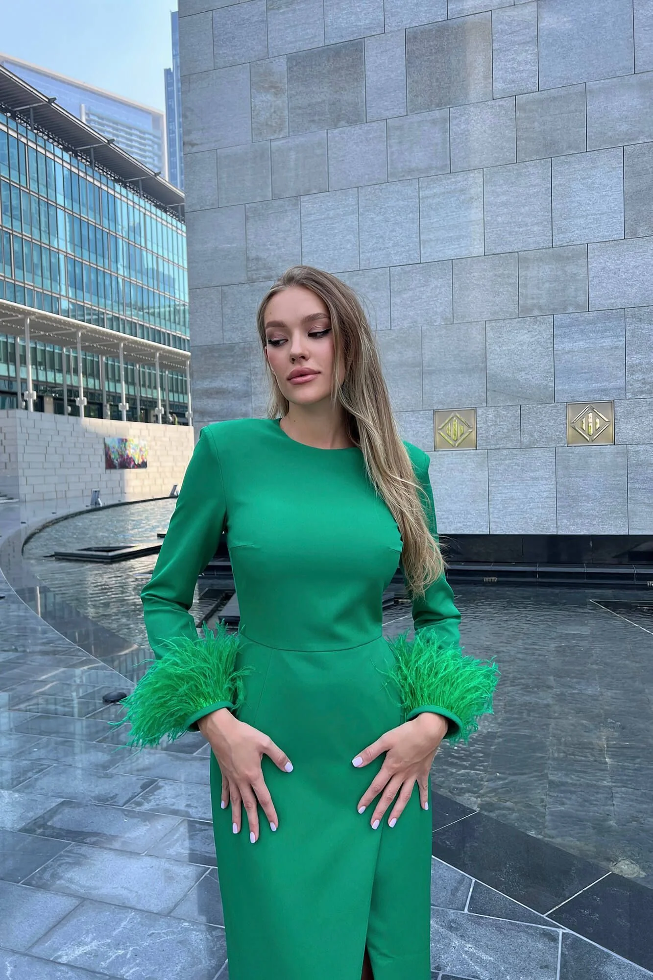 Wrap Feather Sleeve Midi Dress