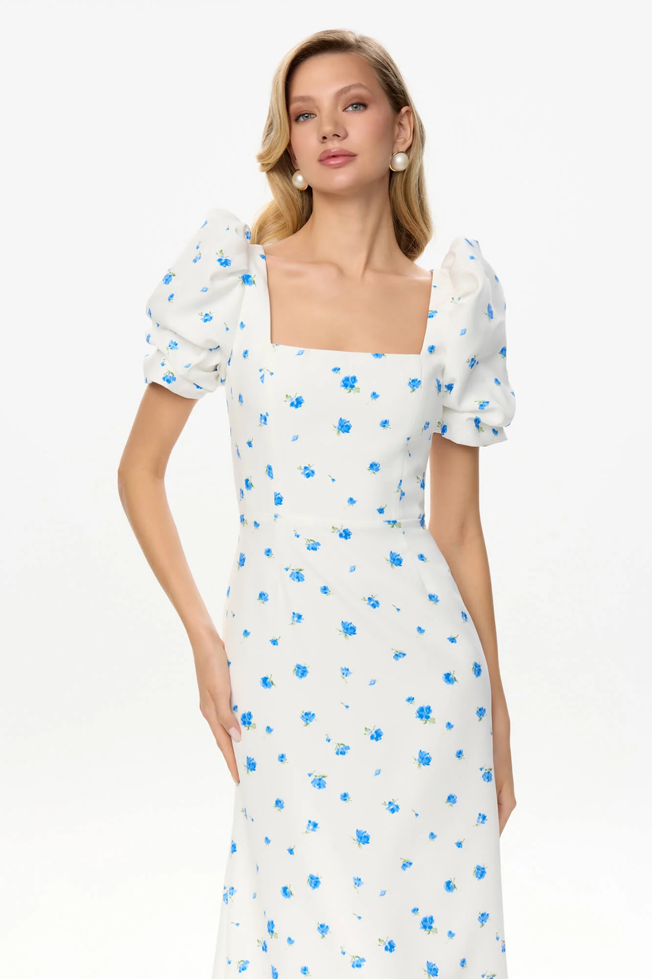 Godet Silhouette Square Neck Midi Dress