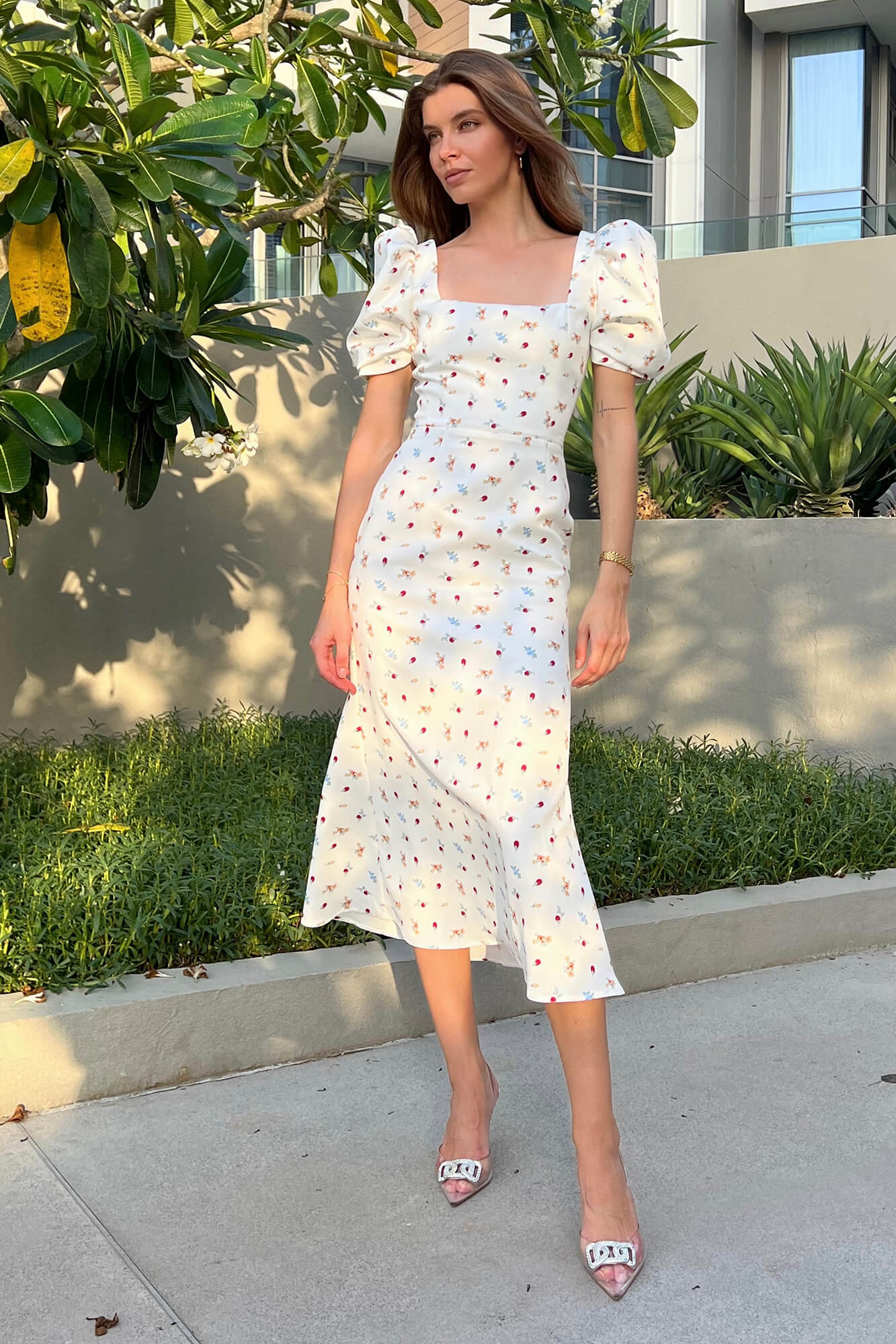 Godet Silhouette Square Neck Midi Dress