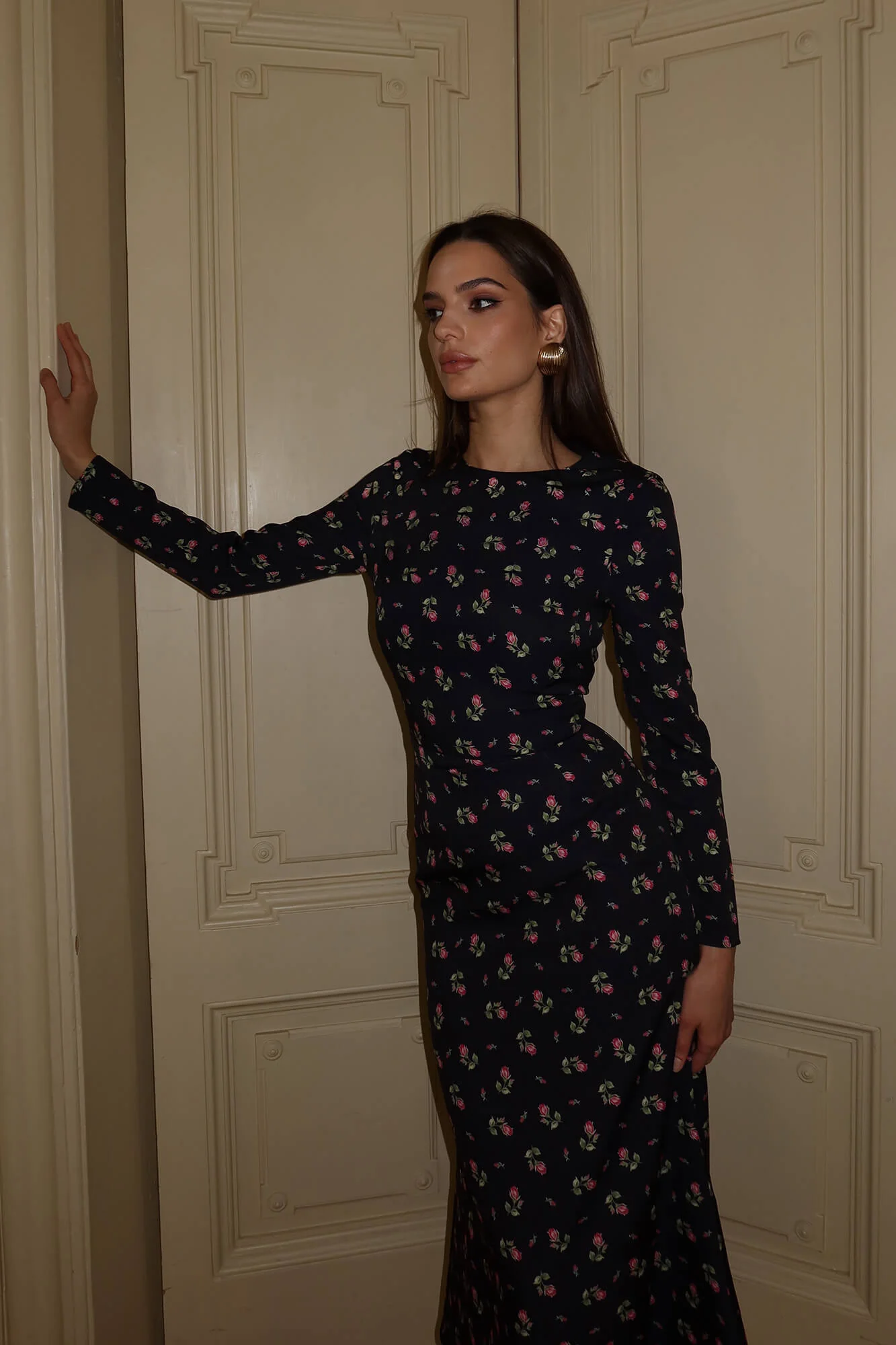 Godet Silhouette Long Sleeve Floral Midi Dress